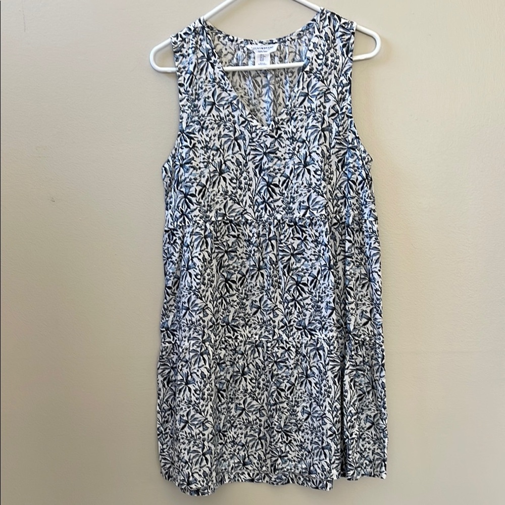 Blue & White Floral Linen V-Neck Sleeveless Dress Sz M